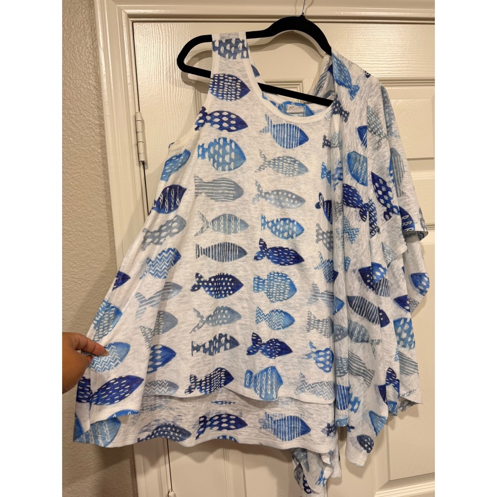 #B13 ET LOIS Tank Top and Kimono shawl Set Medium White Blue Fish Print 2pc - Picture 7 of 11